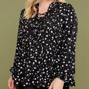 Lane Bryant Floral Printed Lace Up Front Peplum Top Women Size 20 Black NWT